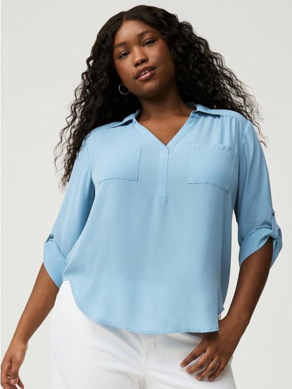 torrid Light Blue V-Neck Tab-Sleeve Blouse